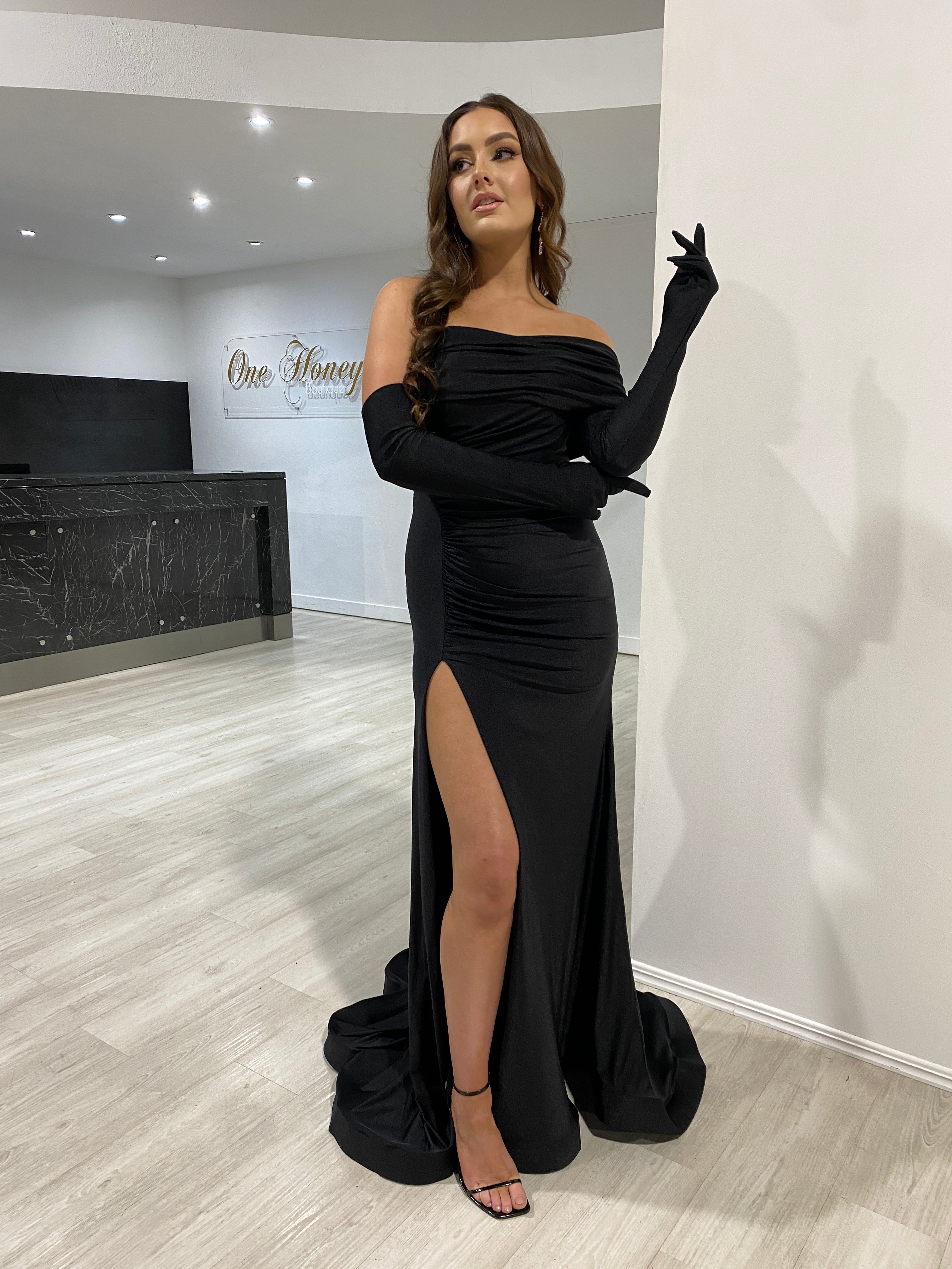 black dress with gloves